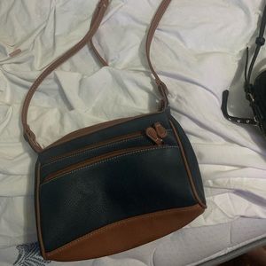 A blue and brown purse